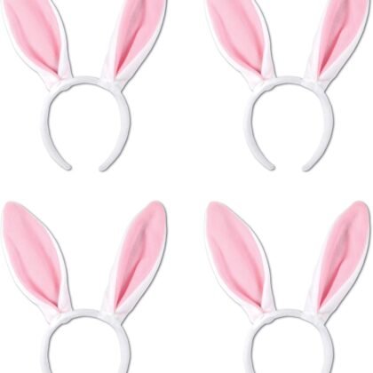 Beistle Soft-Touch Bunny Ears Headbands, 4-Pack – Plush Fabric Rabbit Ear Accessories on Snap-On Headbands, White and Pink Costume Props for Spring, Easter, Egg Hunts and Themed Parties, Adult Size
