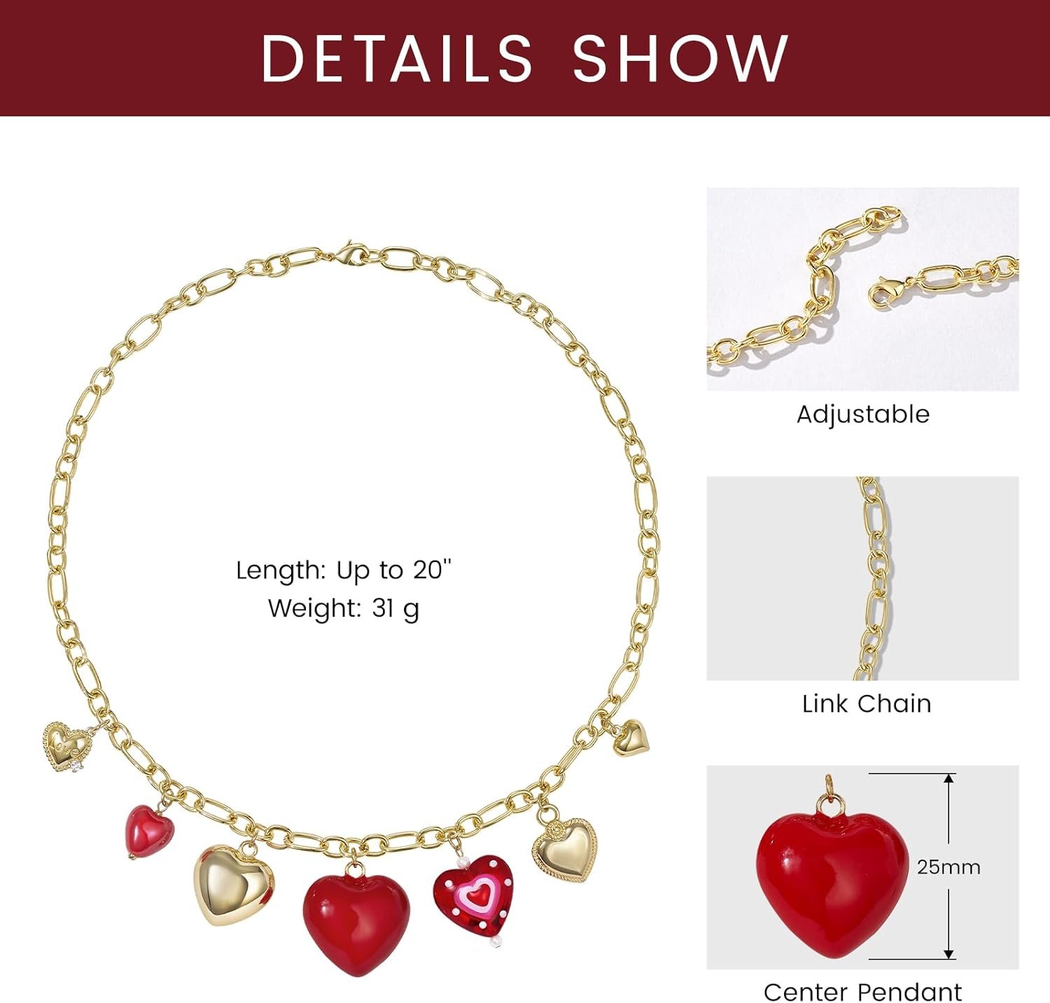 KissYan Heart Charm Necklace for Women, 14K Gold Plated Chunky Red Love Heart Pendant Link Chain Fashion Jewelry Gifts - Image 6