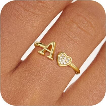 Easter Basket Stuffers Gifts for Kids Teen Girls,14K Gold Plated Adjustable Non Tarnish Initial Rings Teen Girl Gifts Trendy Stuff Letter A-Z Ring Birthday Gift for Women Teenage Girls