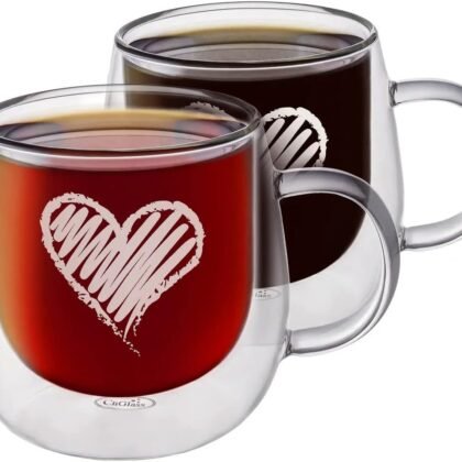 CNGLASS Double Walled Glass Coffee Mugs 10oz,Large Insulated Espresso Cups,Set of 2 Clear Glasses Cappuccino Mug with Handle(Tea Latte Glassware)