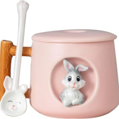 DIHOclub Adorable 3D Ceramic Rabbit Mug with Lid and Spoon Perfect for Coffee, Tea, Milk, and More - Ideal Gift for Bunny Lovers - 14 Ounces (Pink)