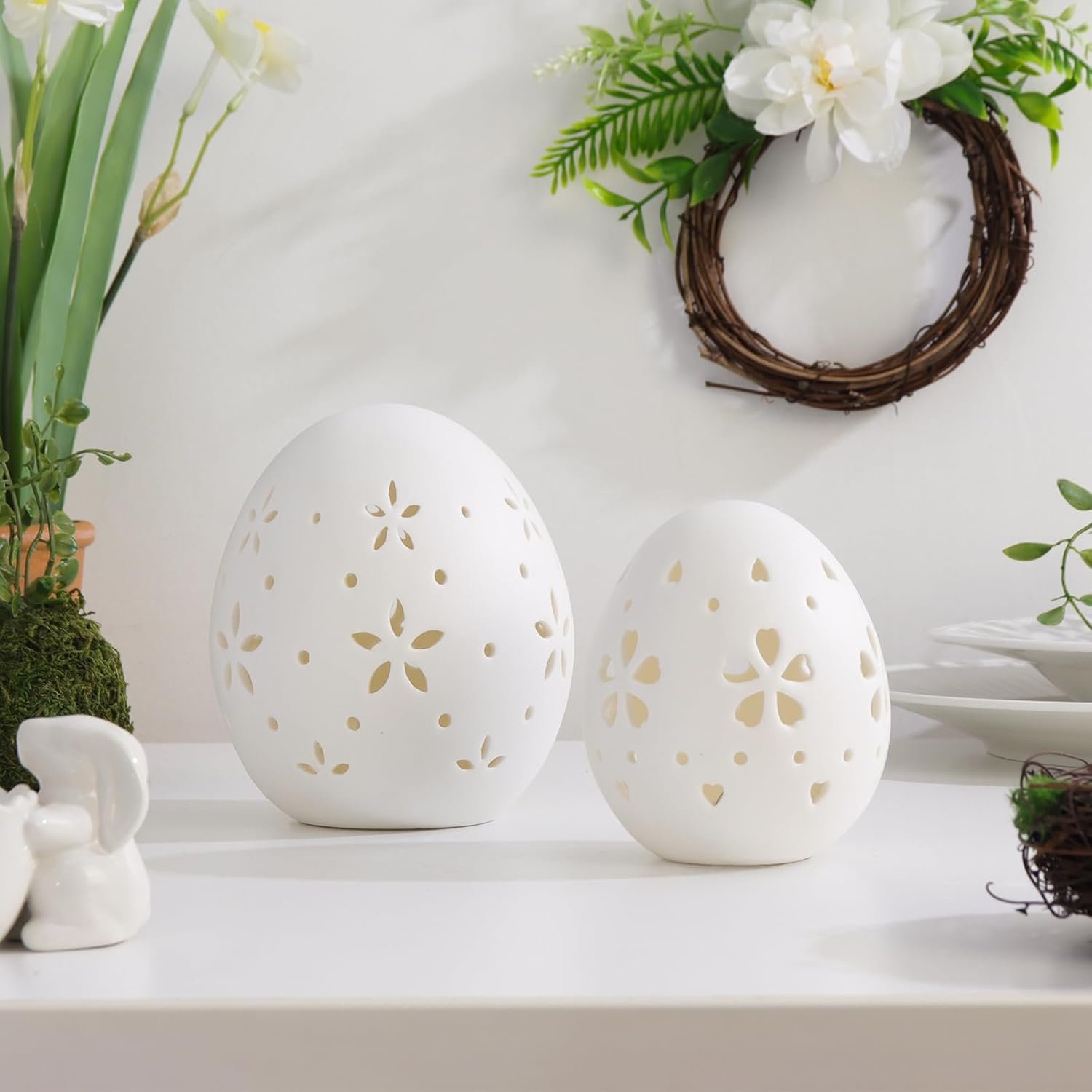 Easter Decorations: White Ceramic Lighted Easter Egg Set of 2, Farmhouse Rustic Hollow Easter Eggs Light Up Tabletop Statue, Easter Home Table Decor, Hunting Party Supplies Gifts for Kids - Image 4