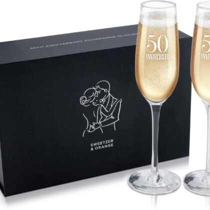 50th Anniversary Champagne Flutes for Couple by S&O. Set of 2 Wedding Anniversary Champagne Flutes. Giftable Wine Glasses for Parents. 8 oz Engraved Champagne Glasses. Gift for Married Couples
