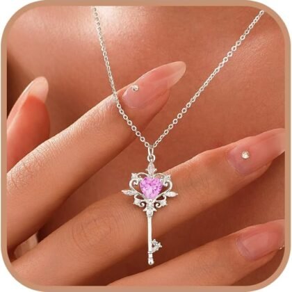925 Sterling Silver Key Pendant Necklaces for Women Dainty Heart Birthstone Necklacce Hypoallergenic Cubic Zirconia Choker Necklace Engagement Wedding Mothers Day Jewelry Gift for Her