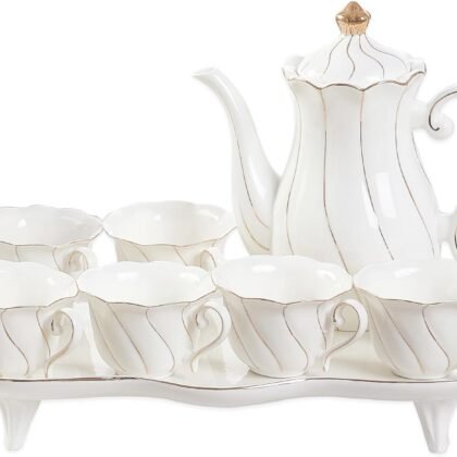 DUJUST 14 pcs Tea Set for 6 with Tea Tray & Spoons, Luxury British Style Coffee Cup Set with Golden Trim, Beautiful Porcelain Set for Living Room Decor, Tea Party Set, Gift Package - White