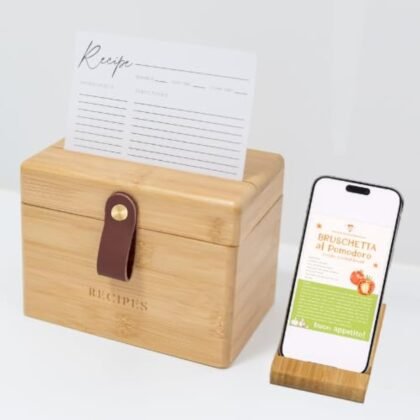 Wooden Recipe Box With Phone Stand – Rustic Farmhouse Kitchen Recipe Holder | Includes 50 4x6 Recipe Cards & 6 Blank Dividers | Decorative Countertop Storage for Family Recipes