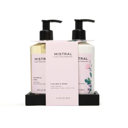 Mistral Figuier & Rose Luxury Hand Soap and Lotion Set (2 × 9.97 fl oz) | Hand Wash & Lotion Hand Care Duo with Silicone Dish, Rose Flower Extract & Olive Oil, Gift for Bathroom or Powder Room