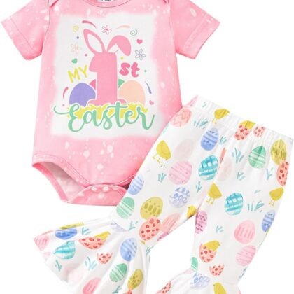 Newborn Baby Girl Easter Outfit Long Sleeve Romper Bodysuit Bunny Eggs Flared Pants Set Cute My 1st Easter Outfit