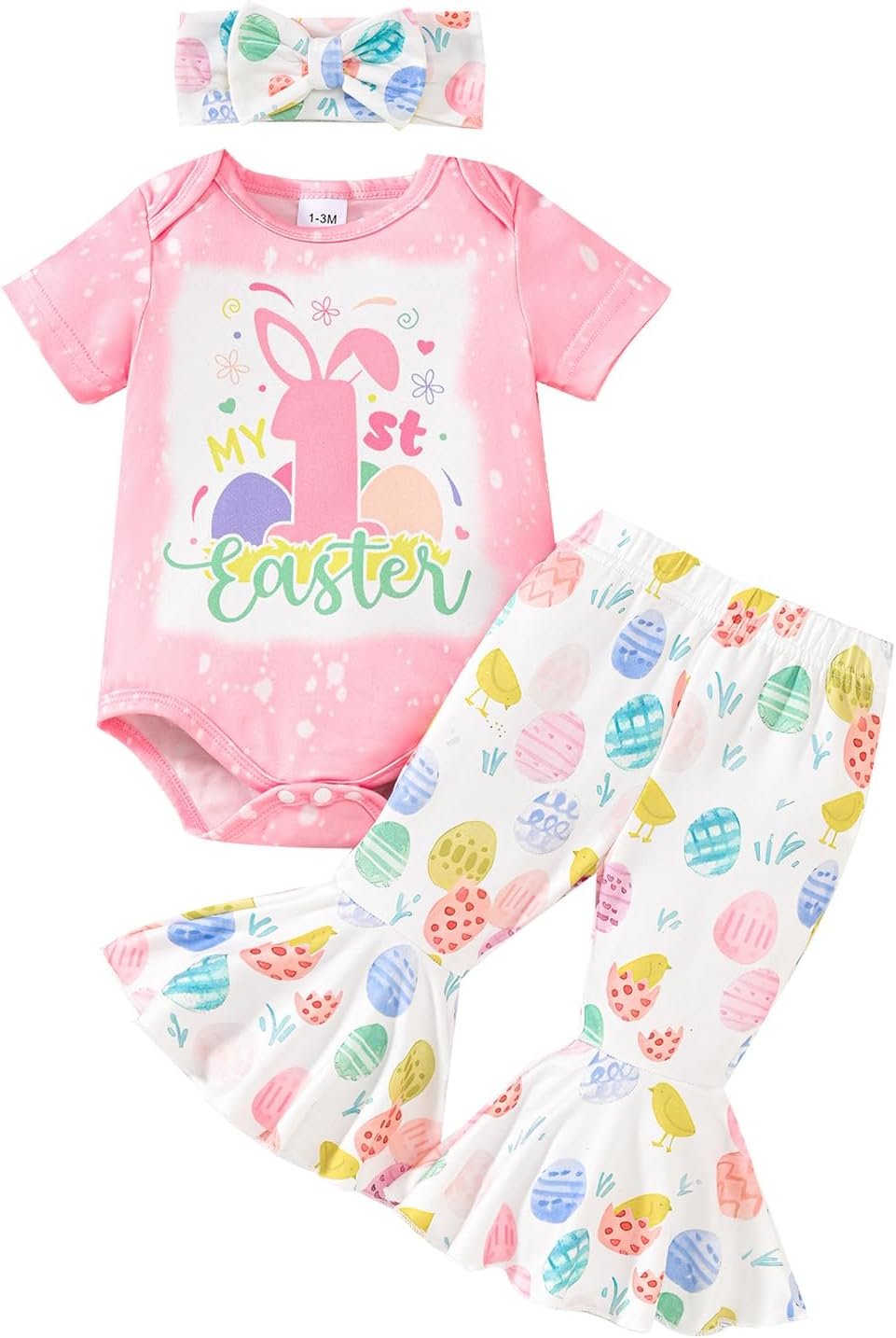 Newborn Baby Girl Easter Outfit Long Sleeve Romper Bodysuit Bunny Eggs Flared Pants Set Cute My 1st Easter Outfit