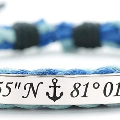 Latitude Longitude Bracelet Women, Custom Coordinate Bangle for Her, Teal Woven Cord Cuff, Nautical Anchor Engraved