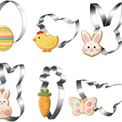 6-Piece Easter Cookie Cutters - Stainless Steel with Safe Rolled Edge, Dishwasher Safe - Includes Bunny, Chick, Egg, Carrot, Butterfly & Rabbit Shapes for Spring Holiday Baking