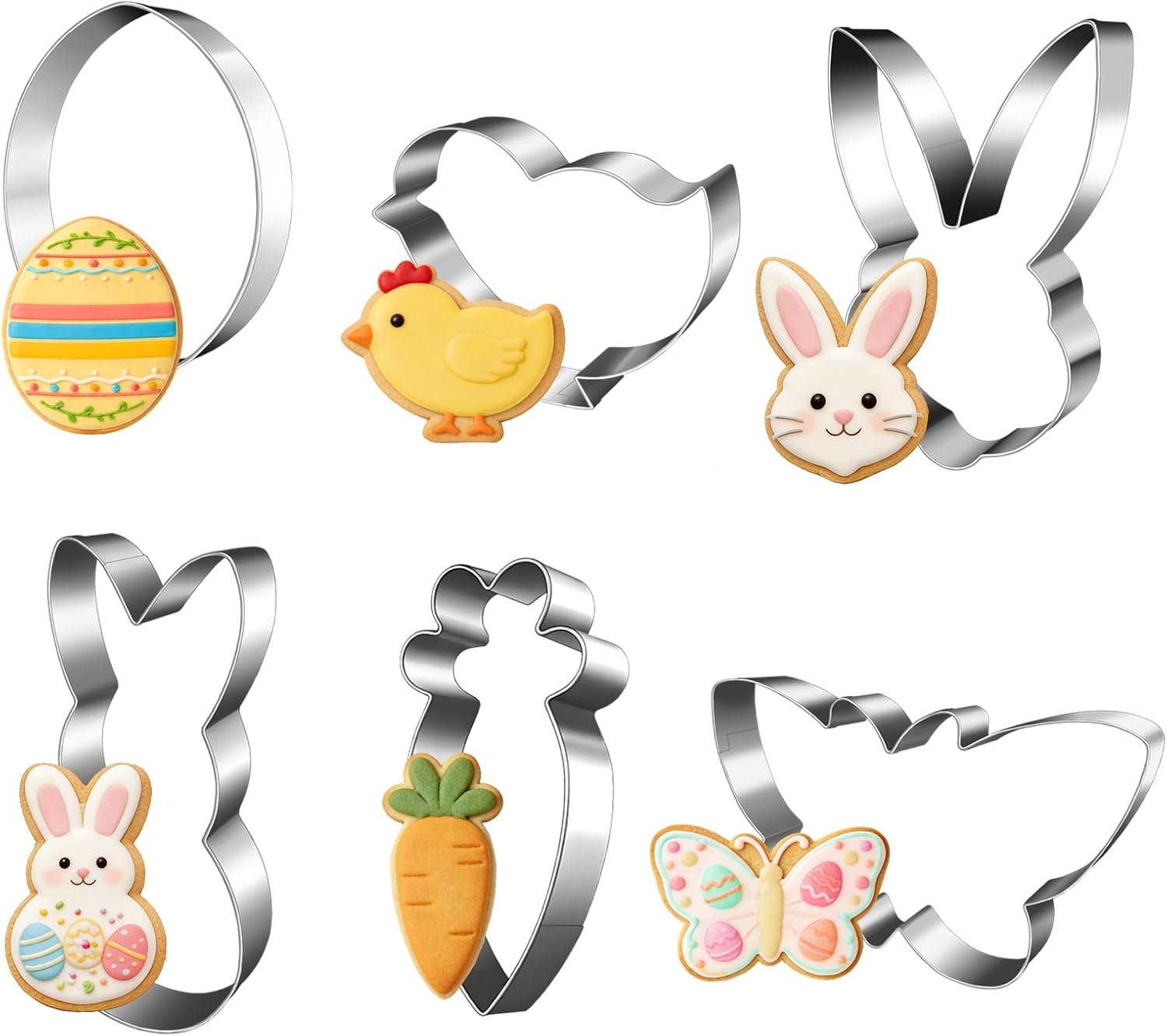 6-Piece Easter Cookie Cutters - Stainless Steel with Safe Rolled Edge, Dishwasher Safe - Includes Bunny, Chick, Egg, Carrot, Butterfly & Rabbit Shapes for Spring Holiday Baking