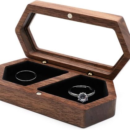 Wood Double Ring Box Jewelry Box Engraved Wooden Ring Holder for 2 Rings Engagement Proposal Wedding Ceremony Ring Bearer Box Valentine's Day Mother's Day Christmas Romantic Gifts for Women Black
