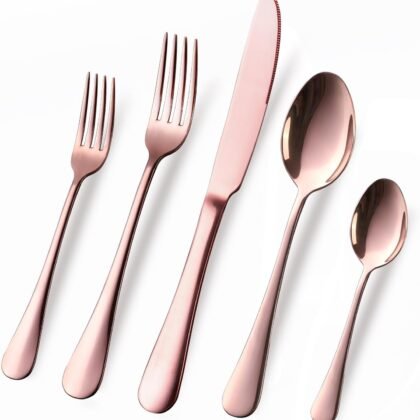 Copper/Rose Gold Silverware Set, OGORI 40-Piece Stainless Steel Flatware Set, Kitchen Utensil Set Service for 8, Mirror Polished Tableware Cutlery Set for Home and Restaurant, Dishwasher Safe