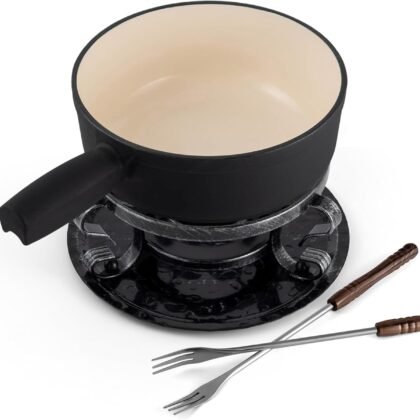 Swissmar Lugano Cast Iron Cheese Fondue Set, 9-Piece, 2 QT / 2 L - Ideal for Melting Cheese, Chocolates, Caramel, & More - Perfect for Kitchen Collection & Gift Giving - Matte Black