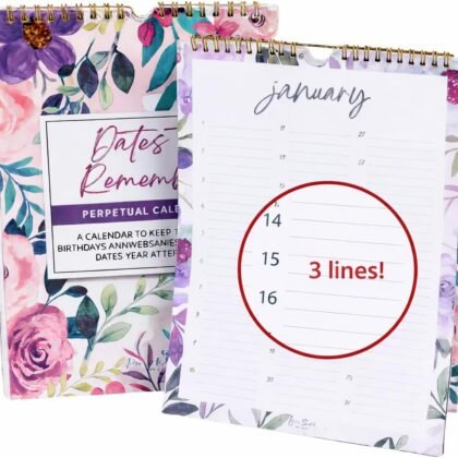 Paper 'n Such Perpetual Calendar Extra Large Wall Hanging Dates to Remember Book for Birthdays and Anniversaries -12 Months -Important and Special Days 8.5x11" - Floral - 3 Lines Per a Day
