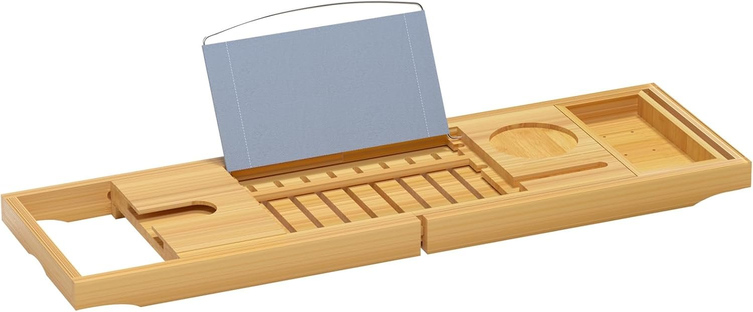Luxury Bamboo Bathtub Tray - Wooden Expandable Caddy with Book, Tablet, Wine Holder - Gift Idea - Image 7