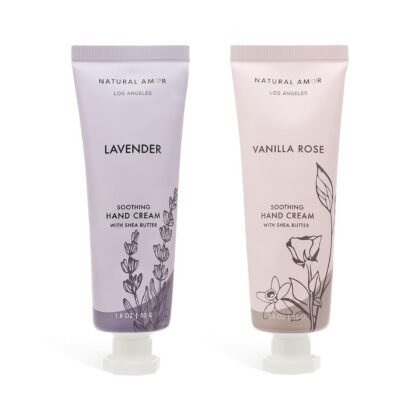 Natural Amor Hand Cream Gift Set, Vanilla Rose & Lavender 2 Pack, Moisturizing Travel Size Hand Lotion with Shea Butter Nourishing Hand Care for Dry Skin