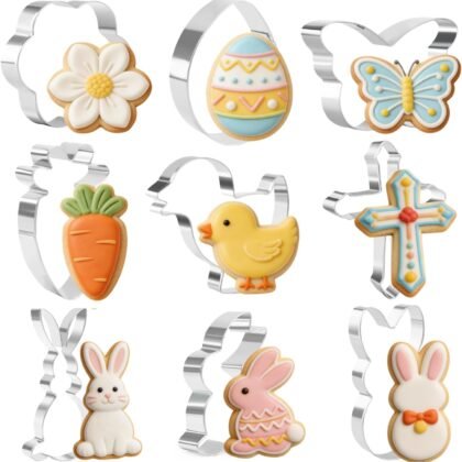 Easter Cookie Cutters, 9 Pieces Chick Carrot Egg Bunny Butterfly Rabbite Cross Flowers Shapes Metal Stainless Steel Biscuit Cutters Holiday Themed Baking Kit