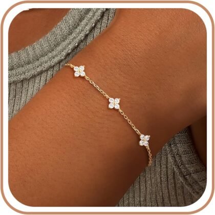 Gold Birthstone Bracelets for Women Non Tarnish 14K Gold Plated Clover Dainty Bracelet Stack Stackable Cute Red Green Friendship Chain Bracelets for Mom Birthday Jewelry Gifts