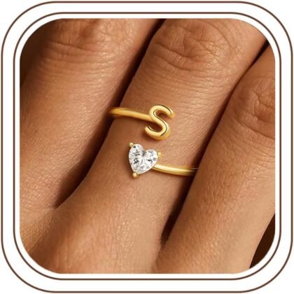 M MOOHAM Mothers Day Gifts - Initial Ring for Teen Girls Women Mom Adjustable Initial Rings Dainty 14K-Gold-Plated Rings Love Heart Ring Jewelry Gifts for Women Mom Wife Girlfriend Teen Girls