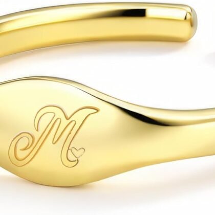 Initial Rings for Women Men - Dainty 14K Gold Plated Signet Rings, Open Adjustable Letter & Heart Ring Jewelry, Christmas Stocking Stuffers Birthday Gifts for Women