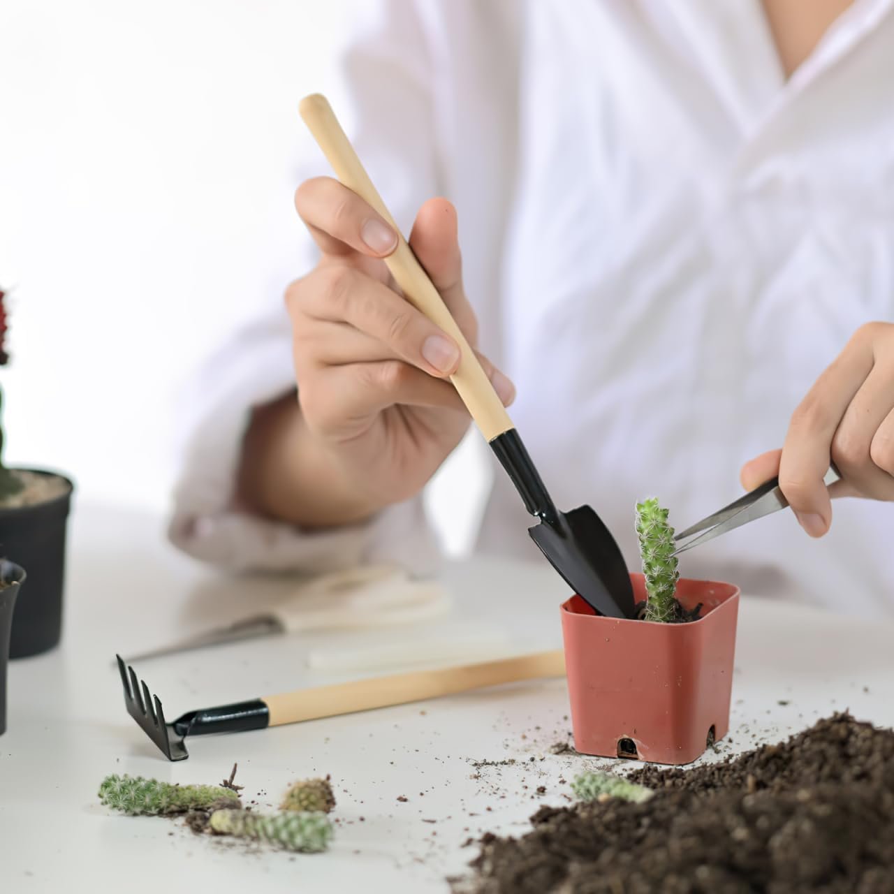 Garneck 8 Sets Mini Gardening Tools with Metal Rake Trowel and Shovel - Succulent Potting Planting Kit for Indoor - Small Gardening Tools for Cultivating Weeding Transplanting - Image 6