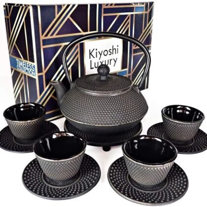 Large 11PC Japanese Tea Set "Gashu Black" Cast Iron Tea Pot 26Oz with 4 Tea Cups (2Oz each), 4 Saucers, Loose Leaf Tea Infuser and Trivet Ceremonial Matcha Accessories