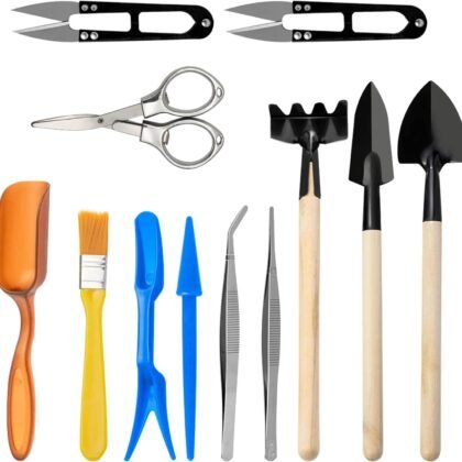 Andiker Mini Garden Tool Set, 12pcs Portable Gardening Hand Tools Set, Multiple Miniature Succulent Tools Set Easy to Carry for Seedlings, Bonsai, Succulents, Terrariums and Planting