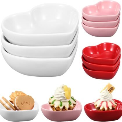 6 Pcs Heart Shaped Bowls Ceramic Dip Bowl Plates Multipurpose Salad Appetizer Plates Gifts for Candy Sauce Sushi Dipping Serving Wedding Anniversary Valentine's Day (Pink, White, Red)