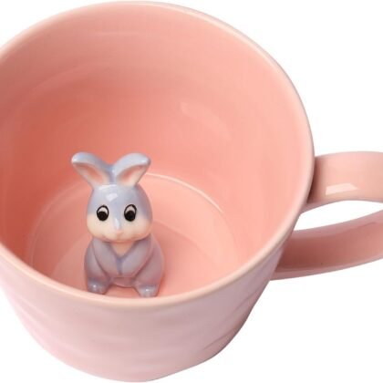 Ceramic Mug with 3D Animal Inside, Cartoon Handmade Figurine Mugs, Cute Coffee Mug With Interesting Design, Holiday and Birthday Gift for Coffee and Milk Tea Lovers (Rabbit)