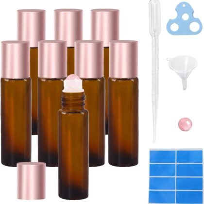 8 Pack Rose Quartz Roller Bottles for Essential Oils, 10ml Refillable Amber Glass Roll On Bottles with Natural Crystal Roller Balls, Leak-Proof Travel Perfume Bottle with Rose Gold Caps