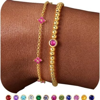 Yoosteel 14K-Gold-Plated Dainty Birthstone Bracelets for Women, Layered Elastic Beaded Clover Round CZ Link Bracelet Stack Set Trendy Jewelry Birthday Gift for Women