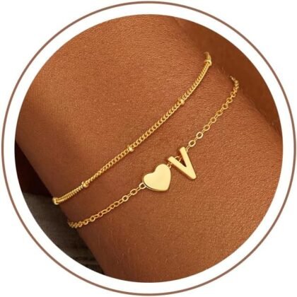 Mothers Day Gifts for Mom Daughter, 14K Gold Plated Heart Initial Bracelet Teen Girl Gifts Trendy Stuff Dainty Gold Bracelets for Women Girls Mothers Day Gift