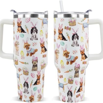 Easter Tumbler 40 oz Bunny Ears Dog Cup Coffee Mugs Cute Puppy Chick Leak Proof Cups with Handle and Straw Stainless Steel Vacuum Insulated Water Bottle Easter Gifts Spring Decor (1PCS)