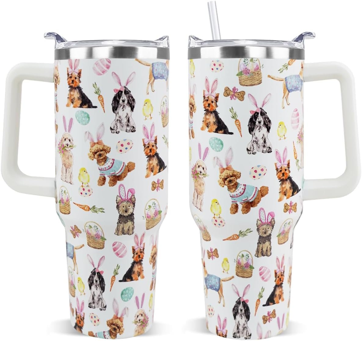 Easter Tumbler 40 oz Bunny Ears Dog Cup Coffee Mugs Cute Puppy Chick Leak Proof Cups with Handle and Straw Stainless Steel Vacuum Insulated Water Bottle Easter Gifts Spring Decor (1PCS)