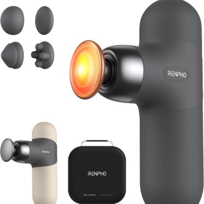 RENPHO Mini Thermal Massage Gun with Heat, Portable Deep Tissue Percussion Massager with 4 Heads for Neck & Back Comfort, Ultra-Quiet Operation for Home, Office & Travel, Includes Compact Carry Case