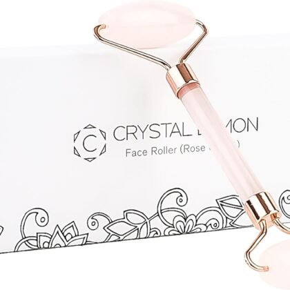 C CRYSTAL LEMON Rose Quartz Facial Roller for Face and Neck, Dual-End Natural Stone Face Roller, Cooling Massage Tool for Puffiness Appearance, Smooth Rolling Skincare Accessory