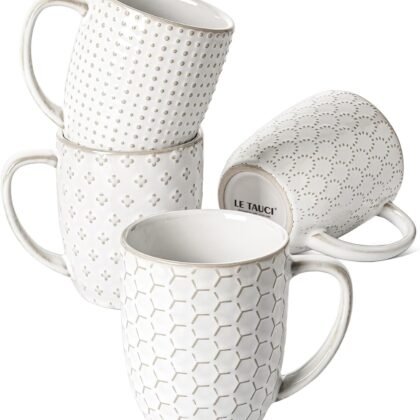 LE TAUCI Coffee Mugs 12 oz, Ceramic Mug Set Set of 4, Embossment Cups for Espresso, Latte, Tea, Cocoa, Cappuccino & Mocha, Dishwasher Oven Microwave Safe - 3.4 inch, Arctic White