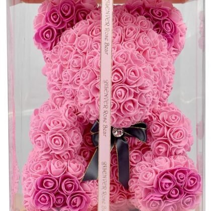 Hand Made Rose Bear Artificial Flower Gift for Mather's Day Birthday Valentine's Day with a 15" Pink Gift Box (Pink-Hot Pink Foot)