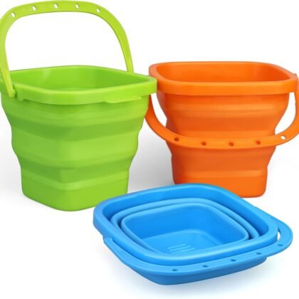 Jumbo Beach Sand Bucket Toy for Kids, 3L Collapsible Sandbox Pail, Easter Buckets, 3 Pack Multi Use Tool for Garden, Planting, Camping, Storage Fishing, Washing, Summer Holiday Travel Birthday Gifts