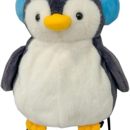 Cute Penguin Shaped Backpack with Blue Headphones Stylish Lightweight Adorable With Side Zip Pocket