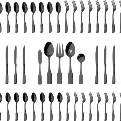 Alata Kate Black Mirror 45-Piece Silverware With Utensil-Serving Set, Service for 8, Stainless Steel Flatware, Mirror Polished Cutlery, Dishwasher Safe