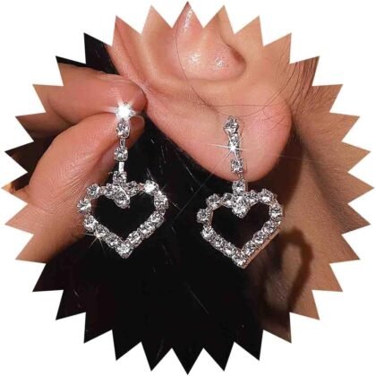 Boho Cz Heart Drop Earrings Silver Crystal Heart Earrings Vintage Hollow Heart Dangle Earrings Rhinestone Heart Shaped Earrings Jewelry for Women