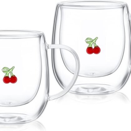 Baderke 2 Pcs Cherry Icon Glass Mug Set 12 oz Old Fashioned Icon Coffee Mugs Fruit Clear Double Cups with Handle for Spring Summer Drinks Coffee Tea Home Office Party Gifts