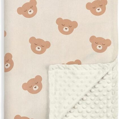 Bear Minky Baby Blanket 30 x 40 Inches for Boys Girls, Soft Plush Receiving Blanket with Dotted Back, Gift for Toddler Newborn Infant Christmas Birthday Baby Shower
