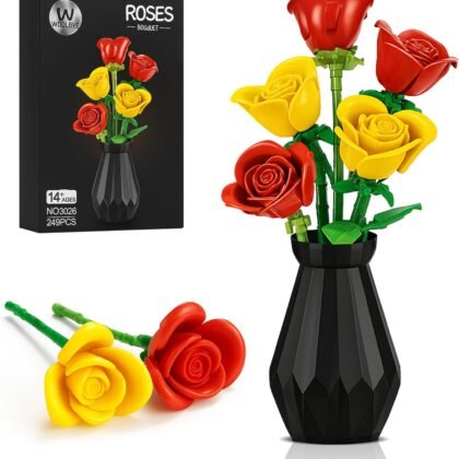 Flower Building Set Compatible with Lego Flowers for Adults, Roses Flower Bouquet botanicals Collection Unique Home Décor or Office Décor Great Gift for Her and Him (VASE Included) (Flowers Roses)