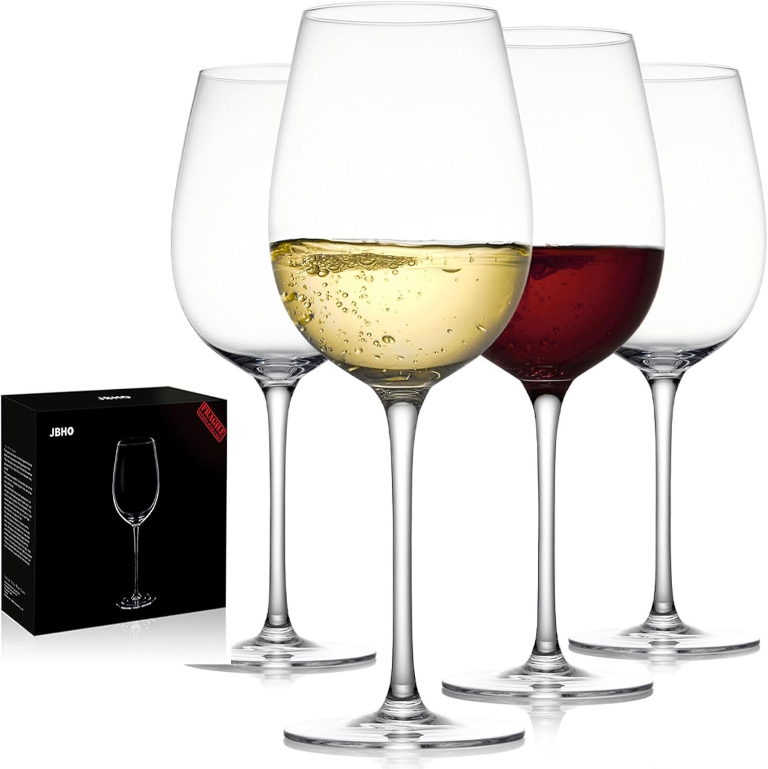 JBHO Hand Blown Italian Style Crystal White or Red Wine Glasses - Gift Packaging for Any Occasion - Lead-Free Premium Crystal Clear Glass - Set of 4-18 Ounce