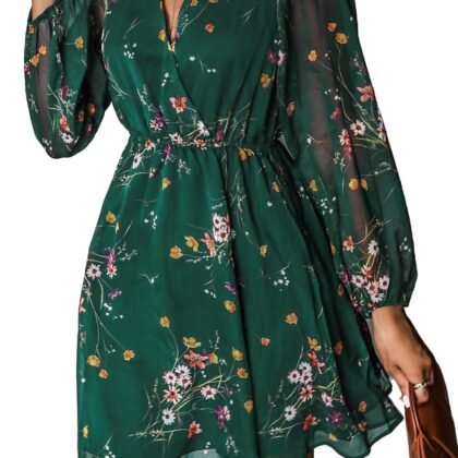 CUPSHE Women's Mini Dresses Casual Spring V Neck Chiffon Long Peasant Sleeves Flowy Spring Dress