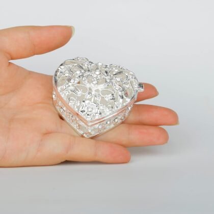 Silver Heart Jewelry Trinket Box Bejeweled Heart Box with Hollow Flower Figurines Jewelry Boxes Ring Holder